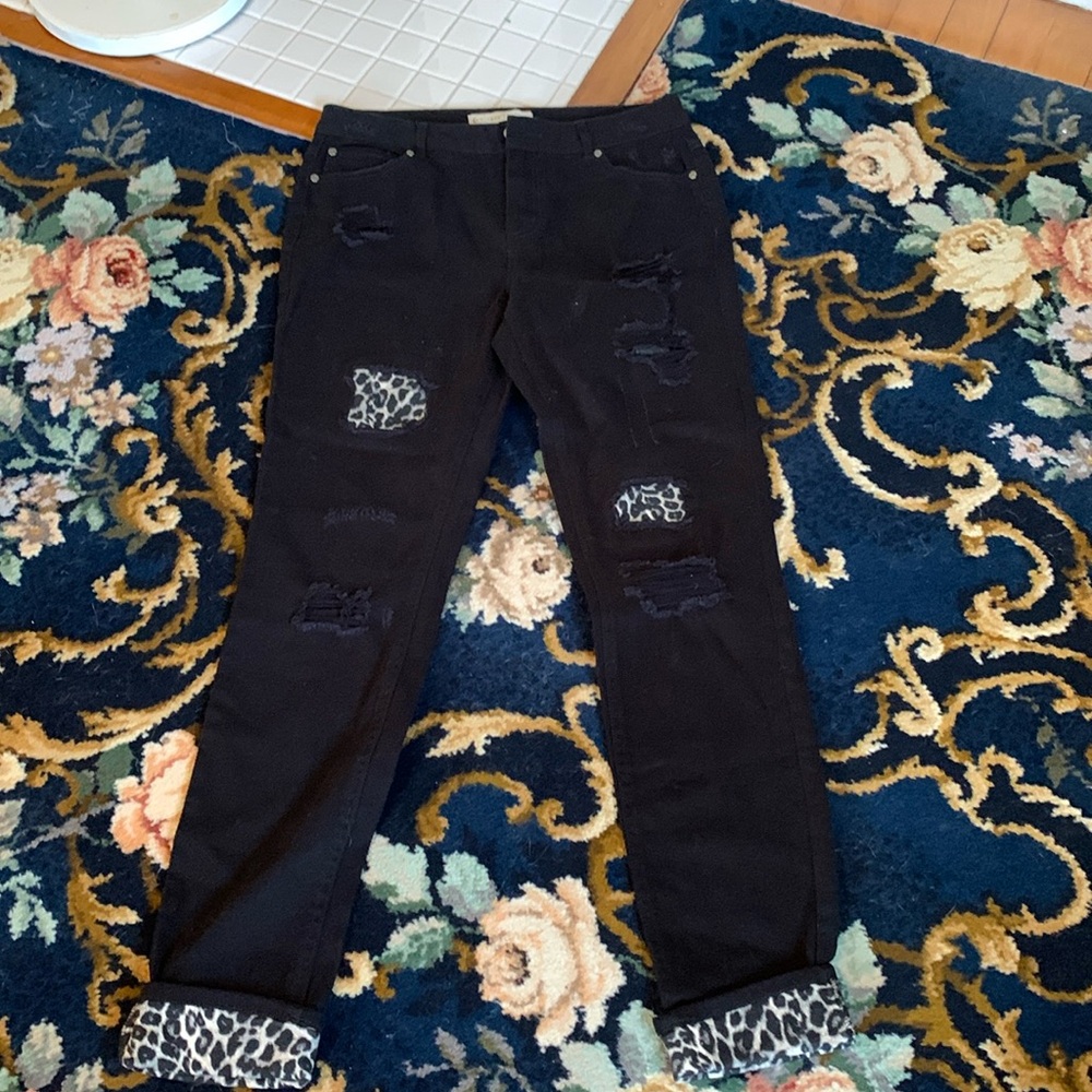Est. 1946 leopard cuff distressed patchwork denim jeans. Worn once